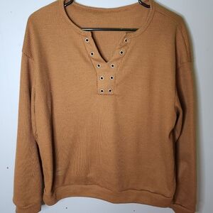 SHEIN Oversize Brown Waffle Knit Top With Eyelets-S-Cozy Autumn Vibes🍁